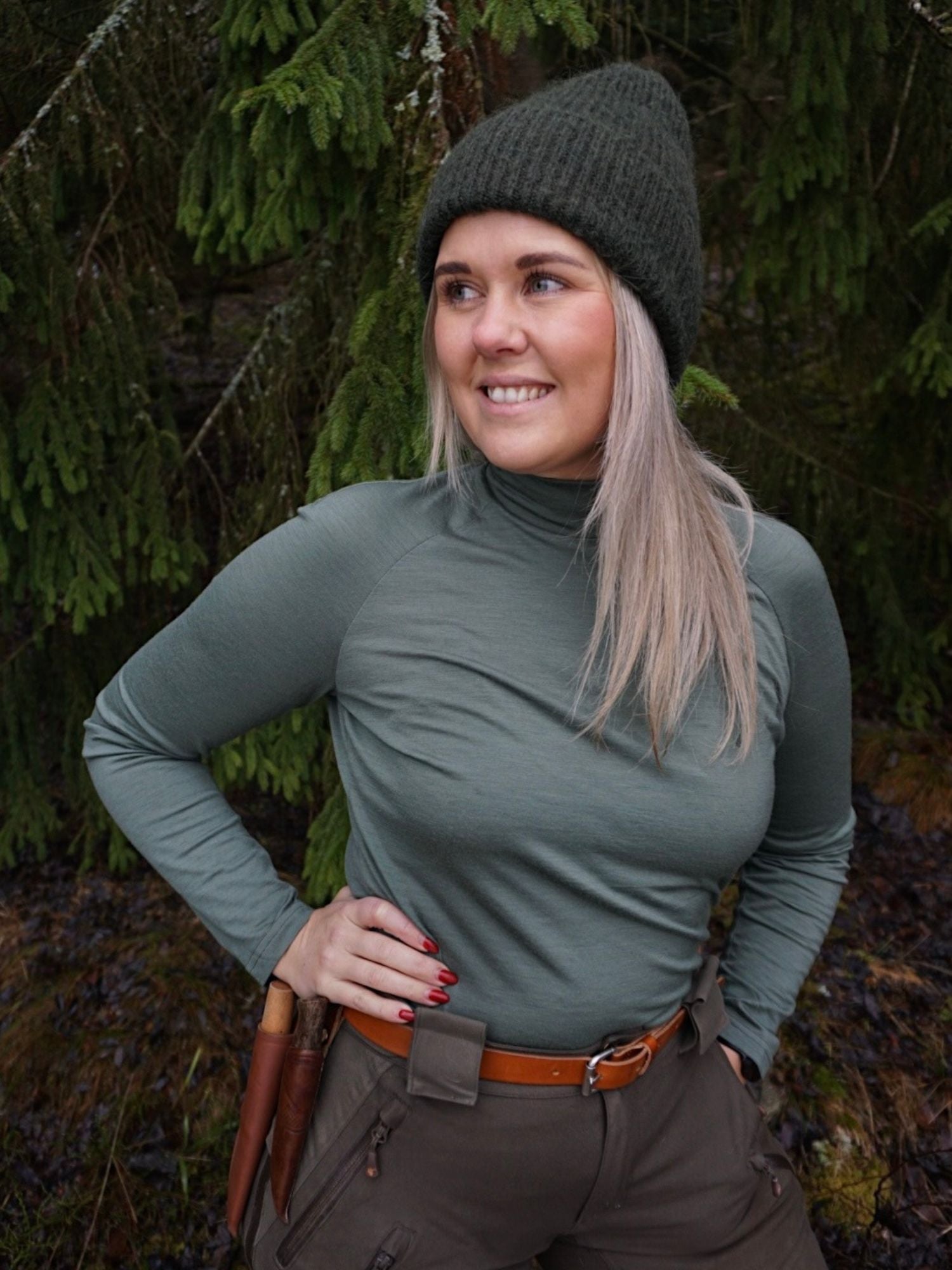 women's merino long sleeve mock neck green