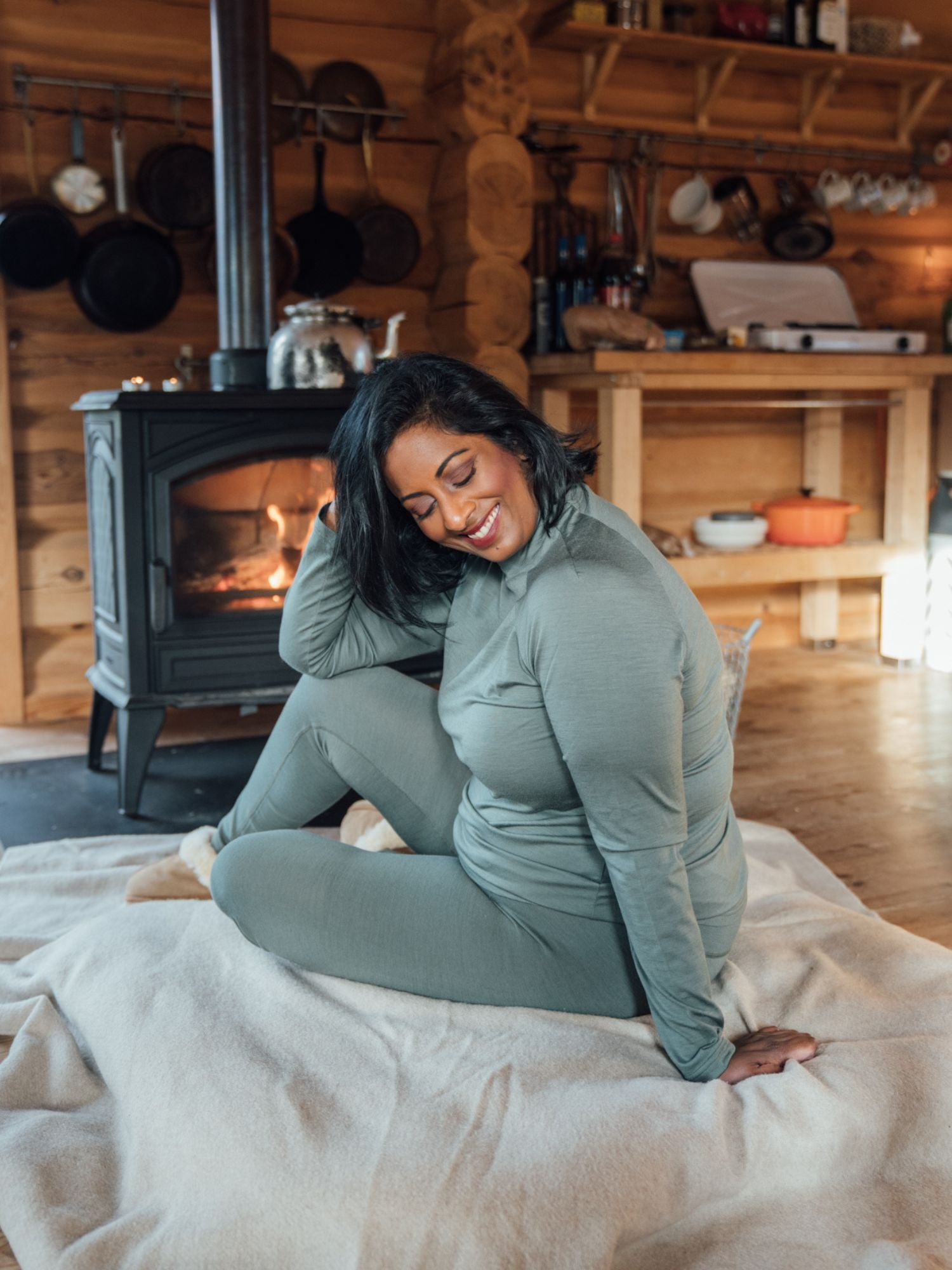 women's merino long sleeve mock neck green