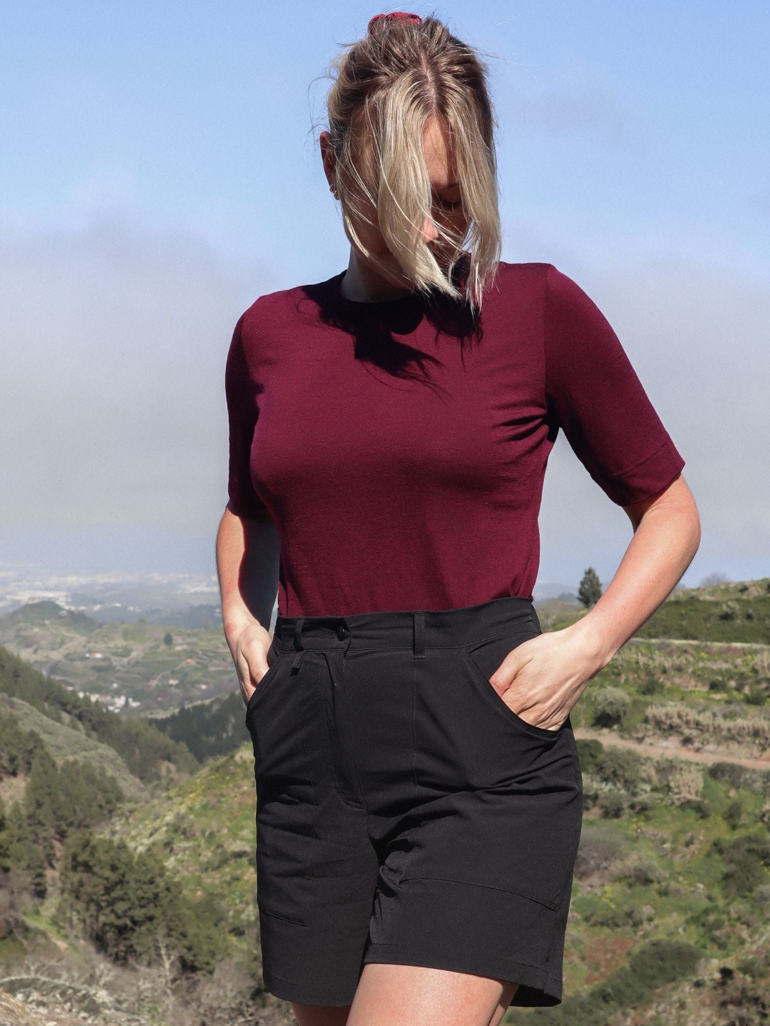 women's merino top short sleeve burgundy