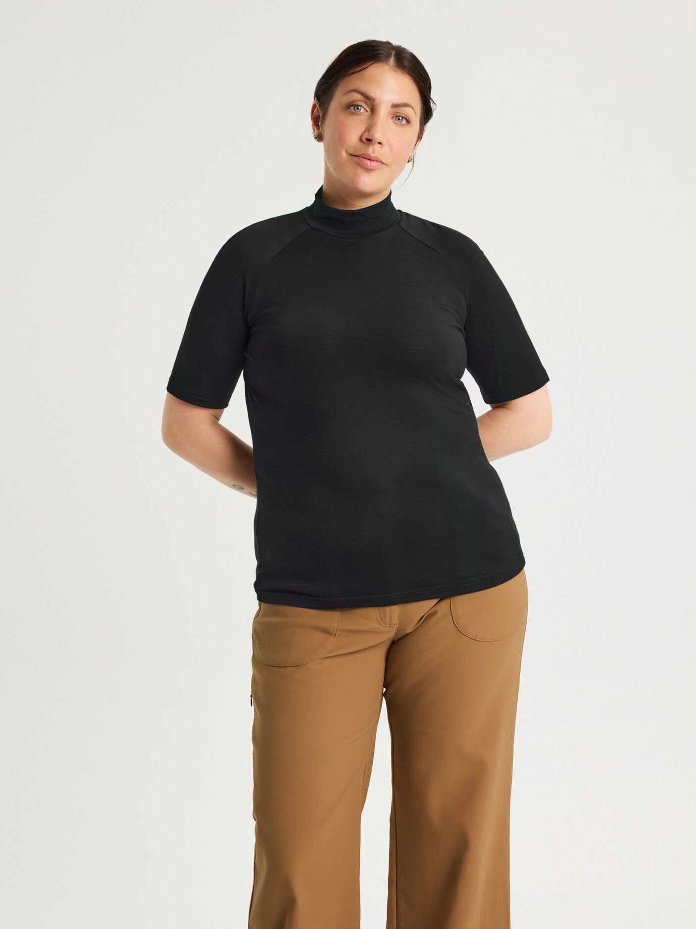 women's merino short sleeve mock neck black [[L - 175cm / 5’9'']]