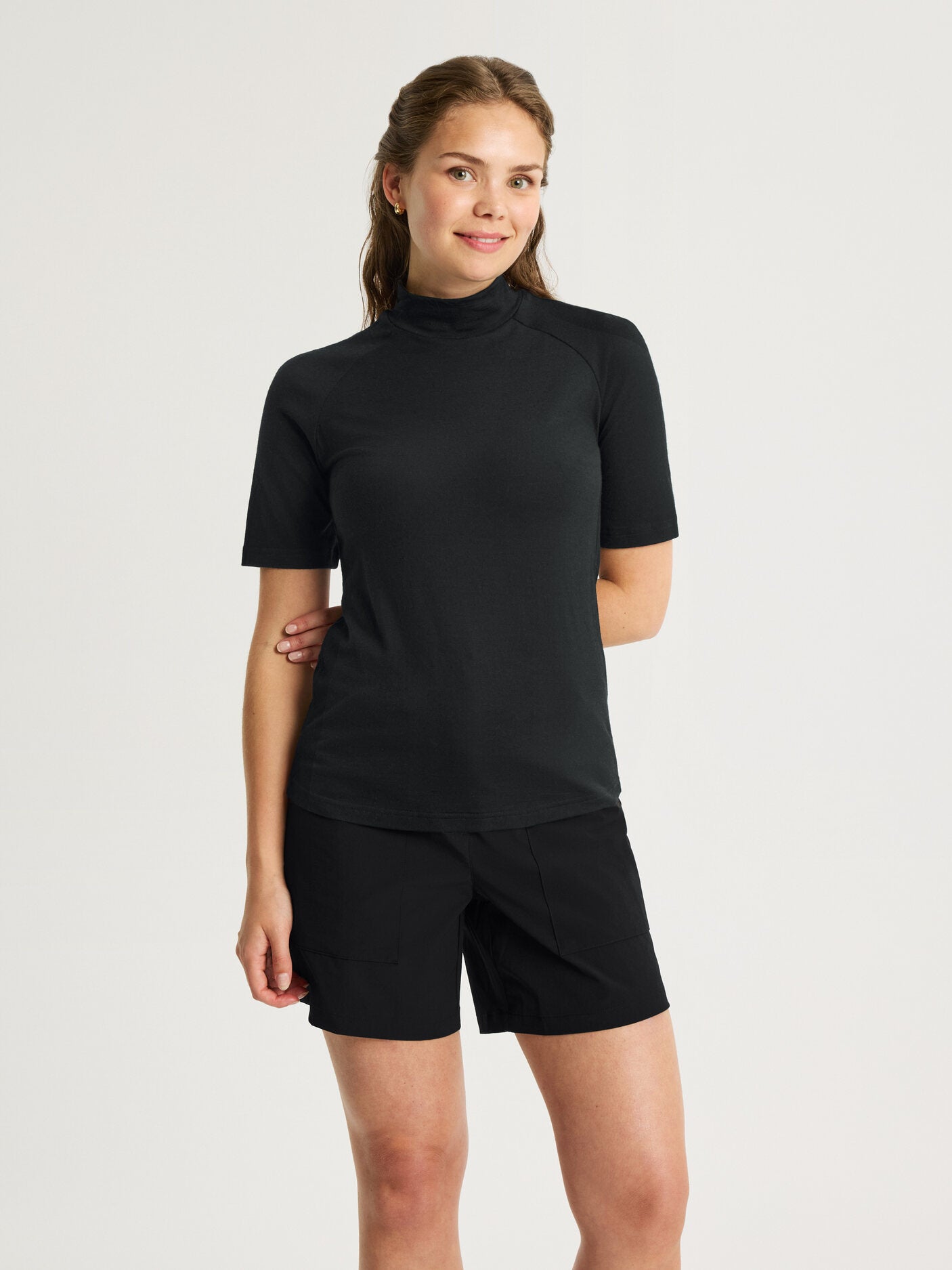 women's merino short sleeve mock neck black [[S - 167cm / 5'6'']]
