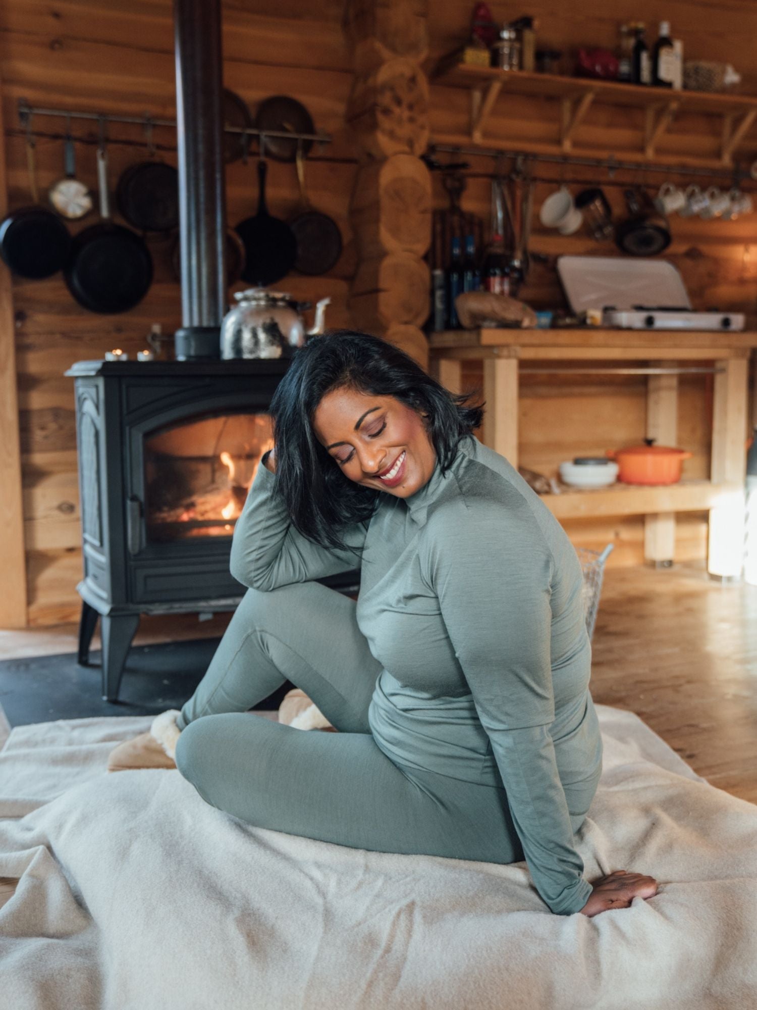 women's merino long sleeve mock neck green