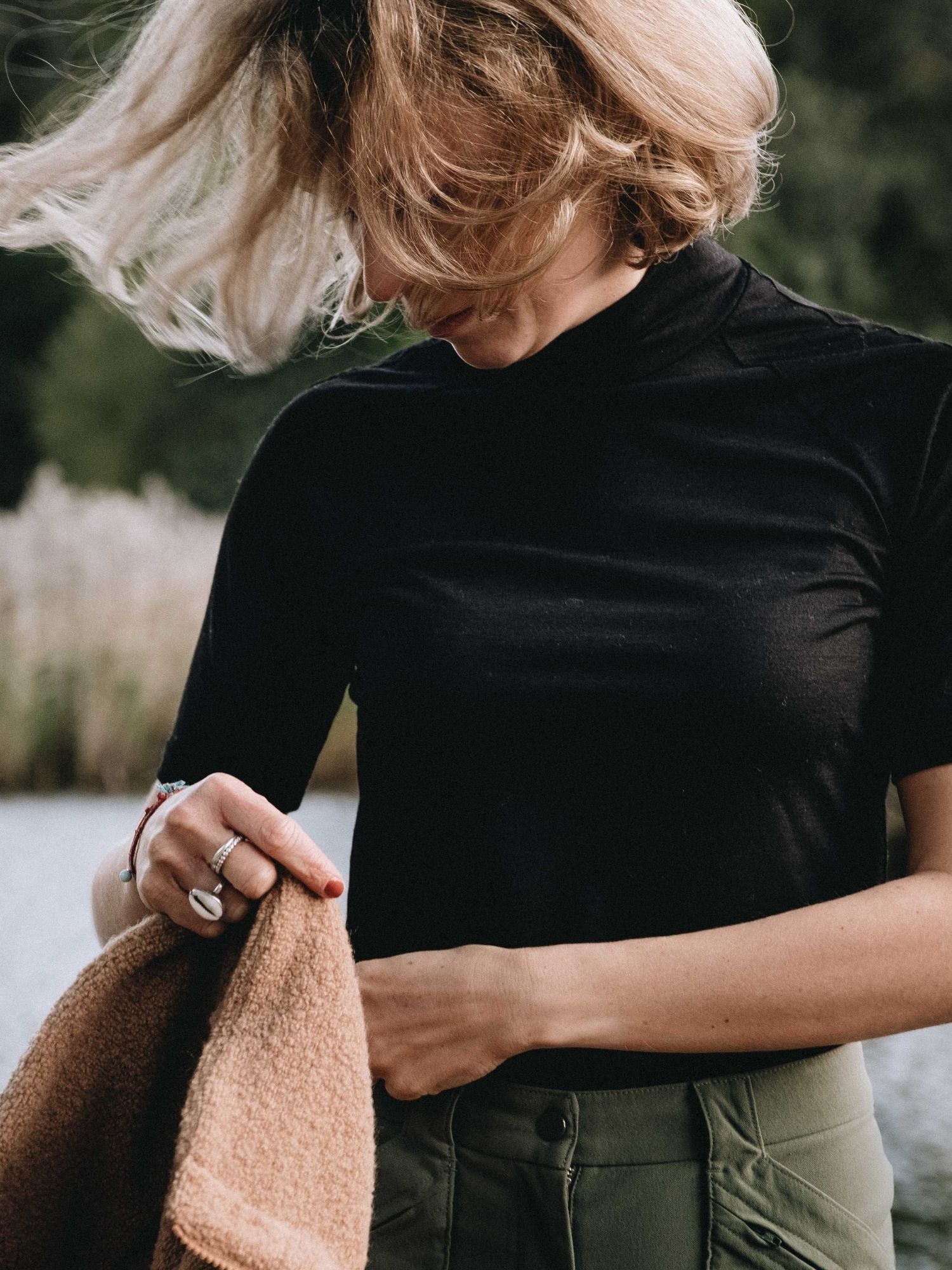 women's merino short sleeve mock neck black